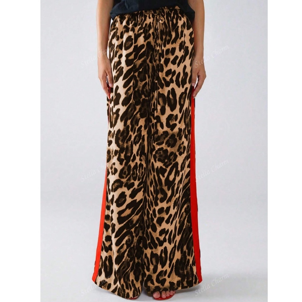 Leopard Cheetah Animal Print Red Stripe Faux Tie Front Loose Wide Pants - Picture 5 of 8